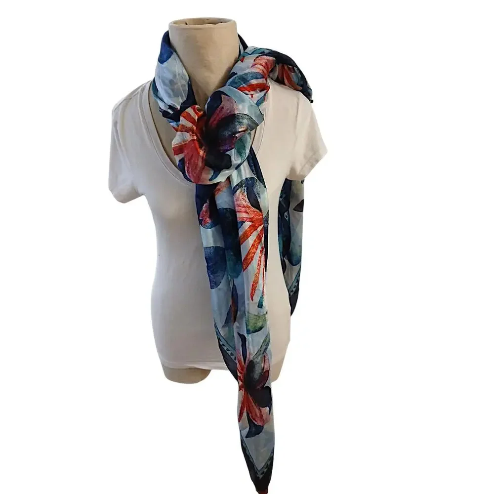 100% SILK‎ Scarf Vietri Milano Long Wrap 41x69 Blue Colorful Modern Art Tropical